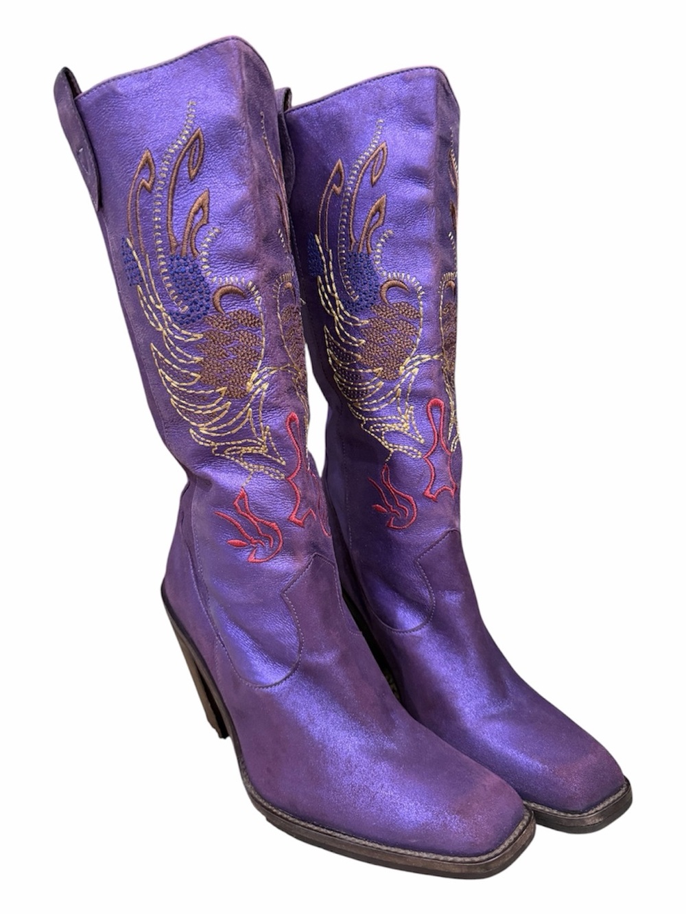 Metallic Purple Cowgirl Boots Western Mid Calf Embroidered Stacked Heel 7M Boho